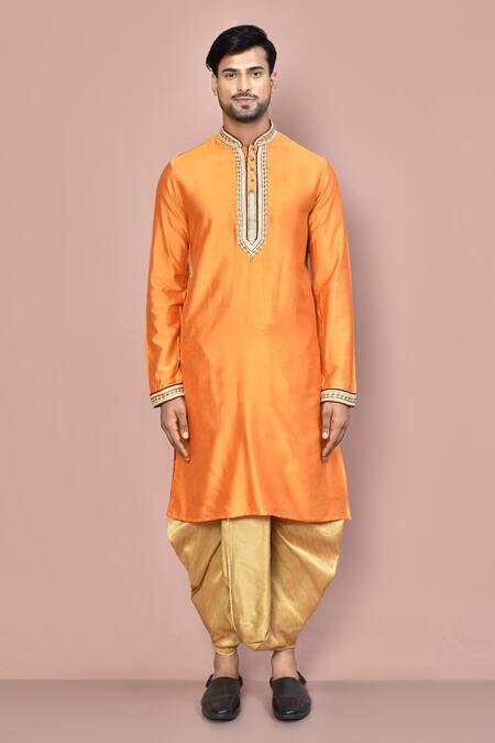Arihant Rai Sinha_Yellow Cotton Placement Embroidery Full Sleeve Placket Kurta With Dhoti Pant_Online_at_Aza_Fashions