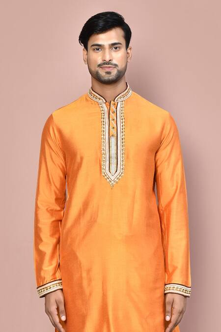 Buy_Arihant Rai Sinha_Yellow Cotton Placement Embroidery Full Sleeve Placket Kurta With Dhoti Pant_Online_at_Aza_Fashions
