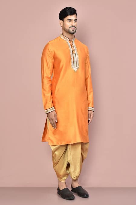 Shop_Arihant Rai Sinha_Yellow Cotton Placement Embroidery Full Sleeve Placket Kurta With Dhoti Pant_Online_at_Aza_Fashions