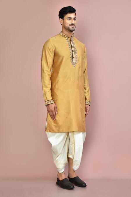 Arihant Rai Sinha_Beige Cotton Placement Embroidery Zardozi Kurta With Dhoti Pant_at_Aza_Fashions