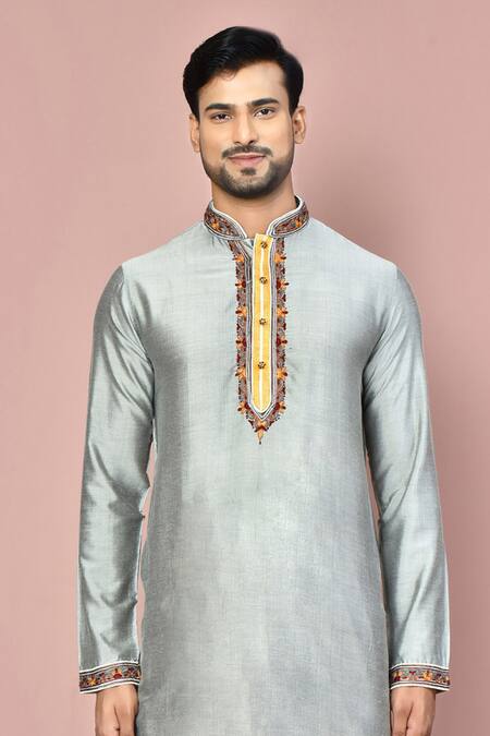 Shop_Arihant Rai Sinha_Grey Cotton Placement Embroidery Zardozi Placket Kurta With Dhoti Pant_Online_at_Aza_Fashions