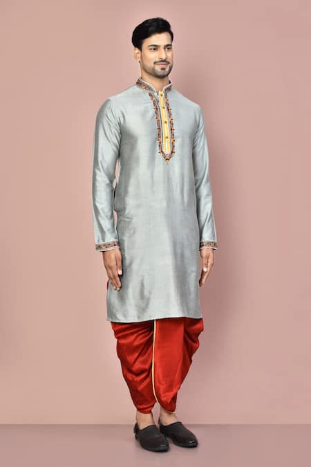 Arihant Rai Sinha_Grey Cotton Placement Embroidery Zardozi Placket Kurta With Dhoti Pant_at_Aza_Fashions
