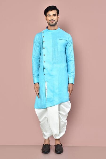 Arihant Rai Sinha_Blue Cotton Asymmetric Button Detail Kurta With Dhoti Pant_Online_at_Aza_Fashions