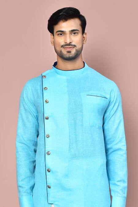 Buy_Arihant Rai Sinha_Blue Cotton Asymmetric Button Detail Kurta With Dhoti Pant_Online_at_Aza_Fashions