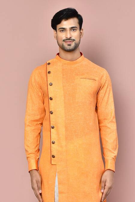 Shop_Arihant Rai Sinha_Orange Cotton Asymmetric Hem Kurta With Dhoti Pant_Online_at_Aza_Fashions