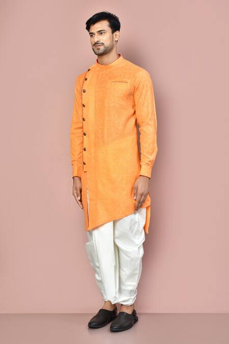 Arihant Rai Sinha_Orange Cotton Asymmetric Hem Kurta With Dhoti Pant_at_Aza_Fashions