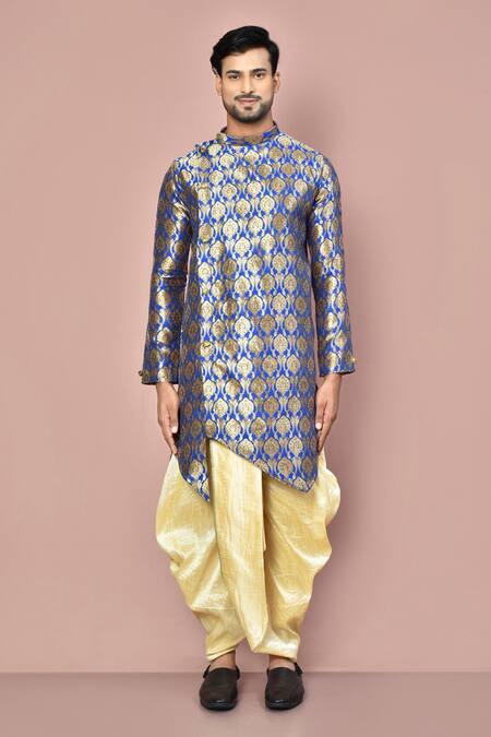 Buy_Arihant Rai Sinha_Blue Cotton Embroidery Floral Brocade Pattern Kurta With Dhoti Pant_Online_at_Aza_Fashions