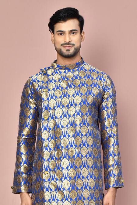 Shop_Arihant Rai Sinha_Blue Cotton Embroidery Floral Brocade Pattern Kurta With Dhoti Pant_Online_at_Aza_Fashions