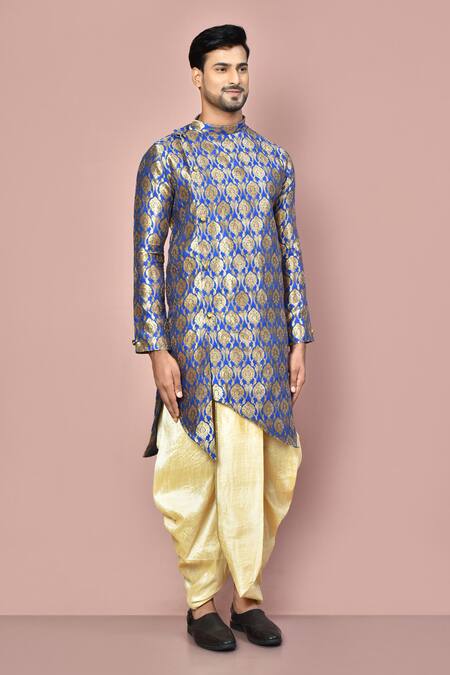 Arihant Rai Sinha_Blue Cotton Embroidery Floral Brocade Pattern Kurta With Dhoti Pant_at_Aza_Fashions