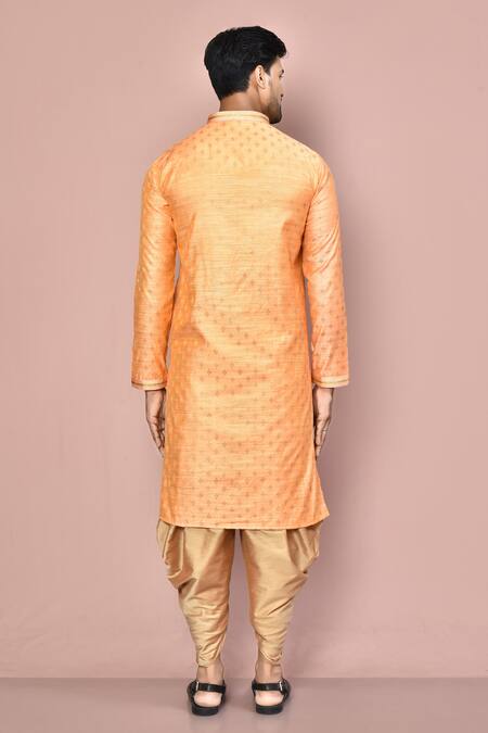 Shop Arihant Rai Sinha Orange Cotton Zari Flower Butti Pattern Kurta With Dhoti Pant at Aza Fashions Shop_Arihant Rai Sinha_Orange Cotton Zari Flower Butti Pattern Kurta With Dhoti Pant_at_Aza_Fashions