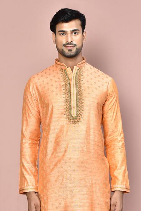 Shop Arihant Rai Sinha Orange Cotton Zari Flower Butti Pattern Kurta With Dhoti Pant Online at Aza Fashions Shop_Arihant Rai Sinha_Orange Cotton Zari Flower Butti Pattern Kurta With Dhoti Pant_Online_at_Aza_Fashions