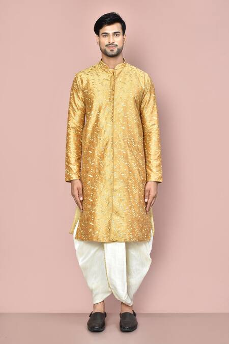 Buy_Arihant Rai Sinha_Beige Cotton Paisley Vine Embroidered Kurta With Dhoti Pant_Online_at_Aza_Fashions