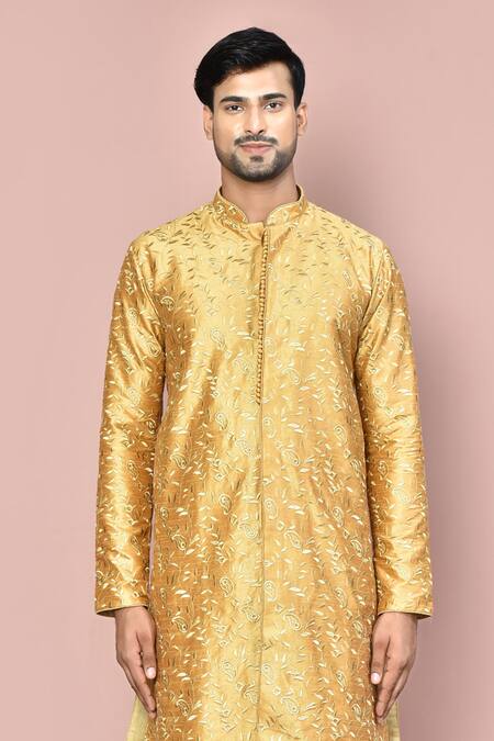 Shop_Arihant Rai Sinha_Beige Cotton Paisley Vine Embroidered Kurta With Dhoti Pant_Online_at_Aza_Fashions