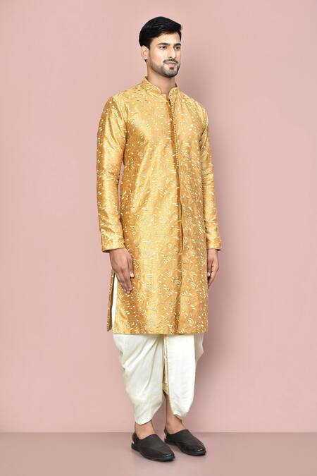 Arihant Rai Sinha_Beige Cotton Paisley Vine Embroidered Kurta With Dhoti Pant_at_Aza_Fashions