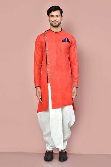 Arihant Rai Sinha_Red Cotton Asymmetric Hemline Kurta With Dhoti Pant_Online_at_Aza_Fashions