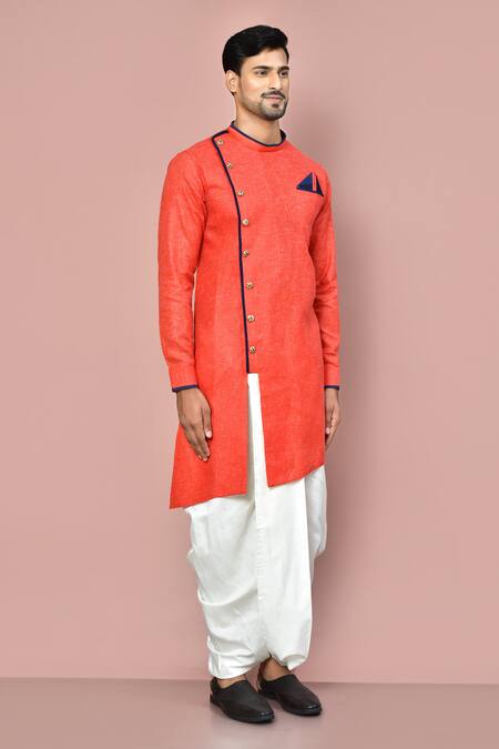 Shop_Arihant Rai Sinha_Red Cotton Asymmetric Hemline Kurta With Dhoti Pant_Online_at_Aza_Fashions