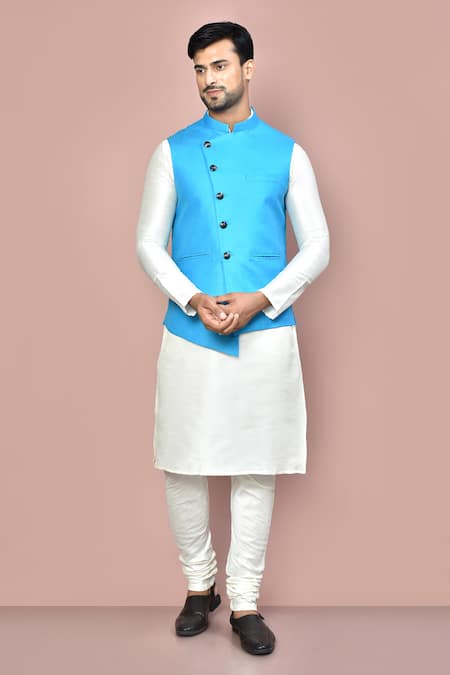 Arihant Rai Sinha Sky Blue Asymmetric Bundi & Kurta Set 
