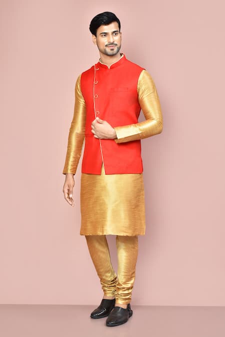 Aryavir Malhotra Plain Cotton Bundi And Kurta Set 