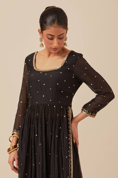 Shop_Ikshita Choudhary_Black Chanderi Sequins, Embroidery Scoop Neck Anarkali And Pant Set_Online_at_Aza_Fashions