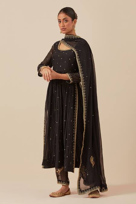 Ikshita Choudhary_Black Chanderi Sequins, Embroidery Scoop Neck Anarkali And Pant Set_at_Aza_Fashions