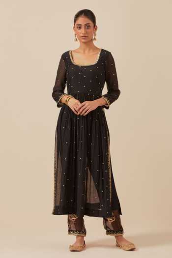 Ikshita Choudhary Black Chanderi, Tissue, Organza Sequins, Embroidery Scoop Neck Anarkali Pant Set Online at Aza Fashions Ikshita Choudhary_Black Chanderi, Tissue, Organza Sequins, Embroidery Scoop Neck Anarkali Pant Set _Online_at_Aza_Fashions