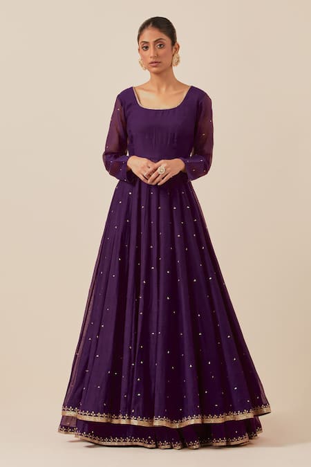 Ikshita Choudhary_Purple Chanderi Sequins Scoop Neck Embroidered Anarkali Skirt Set_Online_at_Aza_Fashions