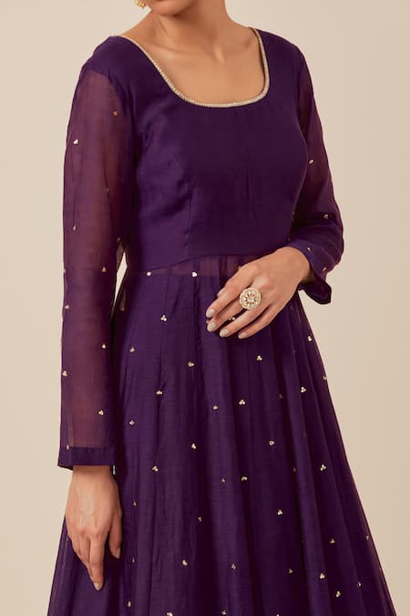 Shop_Ikshita Choudhary_Purple Chanderi Sequins Scoop Neck Embroidered Anarkali Skirt Set_Online_at_Aza_Fashions