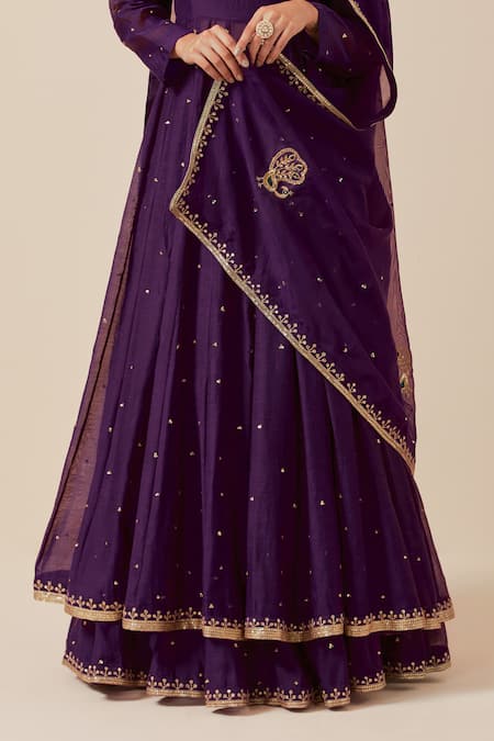 Ikshita Choudhary_Purple Chanderi Sequins Scoop Neck Embroidered Anarkali Skirt Set_at_Aza_Fashions