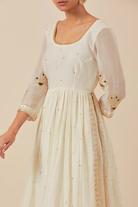Buy_Ikshita Choudhary_White Chanderi Sequins Scoop Neck Work Anarkali And Pant Set