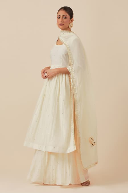Shop_Ikshita Choudhary_White Chanderi Sequins Scoop Neck Work Anarkali And Pant Set
