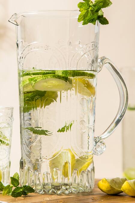 Buy The Table Fable White Glass Verdure Handmade Pitcher And Tumbler Set Online at Aza Fashions Buy_The Table Fable_White Glass Verdure Handmade Pitcher And Tumbler Set_Online_at_Aza_Fashions