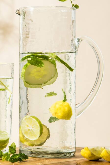 Shop The Table Fable White Glass Handmade Hammered Pitcher And Tumbler Set Online at Aza Fashions Shop_The Table Fable_White Glass Handmade Hammered Pitcher And Tumbler Set_Online_at_Aza_Fashions