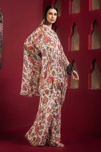 Buy_SONIA BADERIA_Off White Chiffon Embroidery, Mirrors Floral Print Kaftan And Baggy Pant Set_Online_at_Aza_Fashions