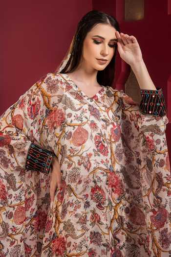 Shop_SONIA BADERIA_Off White Chiffon Embroidery, Mirrors Floral Print Kaftan And Baggy Pant Set_Online_at_Aza_Fashions