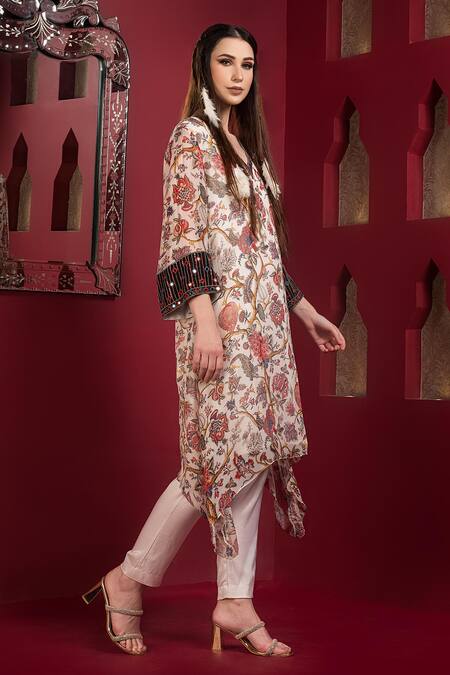 Buy_Sonia Baderia_Off White Chiffon, Cotton Satin Embroidery, Floral Print Kaftan And Pant Set_Online_at_Aza_Fashions