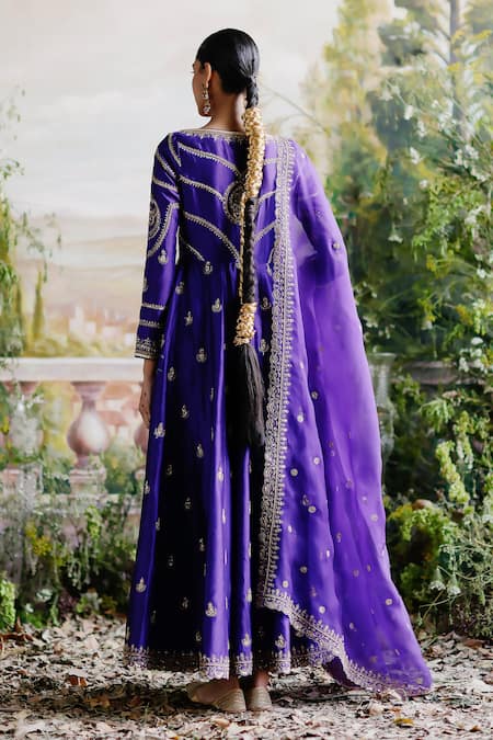 Jigar Mali_Purple Organza, Chanderi, Linen Embroidery V-neck Jacket Pant Set _Online_at_Aza_Fashions