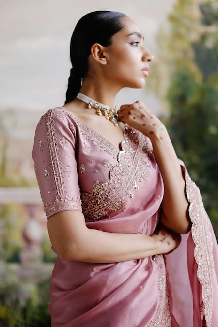 Buy_Jigar Mali_Purple Organza, Silk Embroidery V-neck Floral Saree And Blouse Set _Online_at_Aza_Fashions