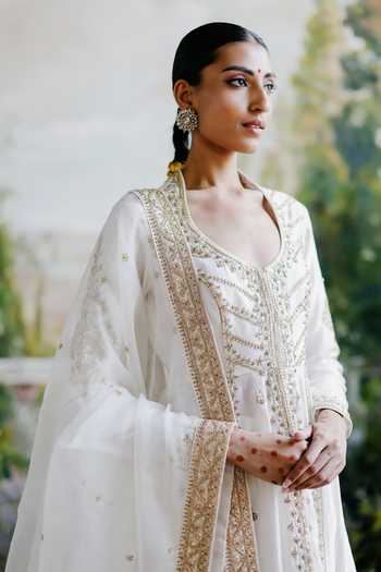 Jigar Mali_Ivory Chanderi, Organza Embroidery Asymmetric Jacket Pant Set _Online_at_Aza_Fashions