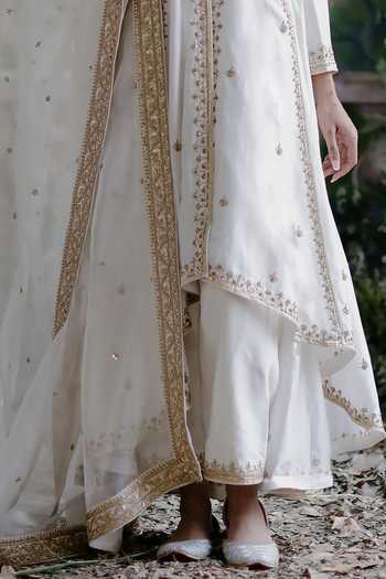 Buy_Jigar Mali_Ivory Chanderi, Organza Embroidery Asymmetric Jacket Pant Set _Online_at_Aza_Fashions