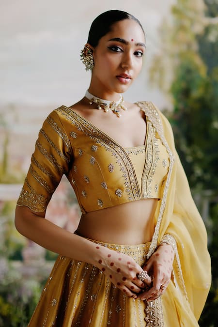 Jigar Mali_Yellow Chanderi, Organza Sequins, Embroidery Round Neck Floral Lehenga Set _Online_at_Aza_Fashions