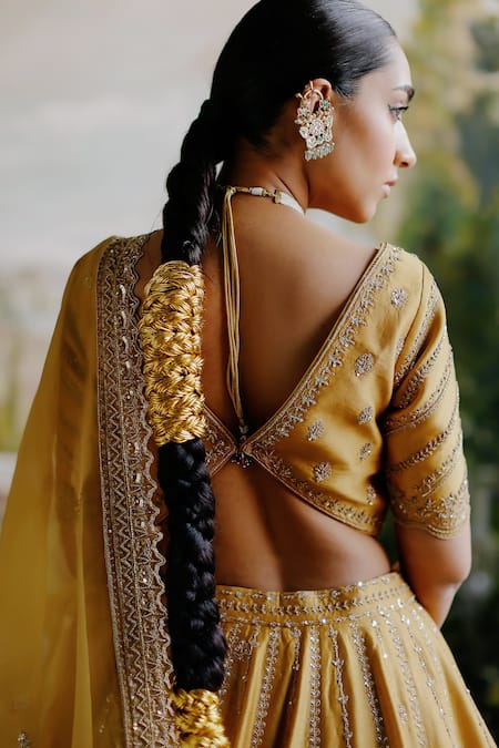 Buy_Jigar Mali_Yellow Chanderi, Organza Sequins, Embroidery Round Neck Floral Lehenga Set _Online_at_Aza_Fashions