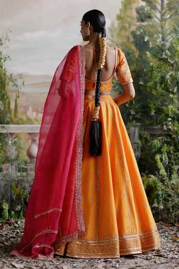 Shop Jigar Mali Orange Chanderi, Organza Embroidery V-neck Floral Aari Lehenga Set at Aza Fashions Shop_Jigar Mali_Orange Chanderi, Organza Embroidery V-neck Floral Aari Lehenga Set _at_Aza_Fashions