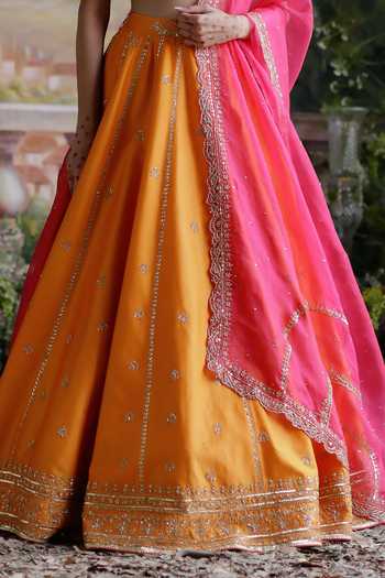 Jigar Mali Orange Chanderi, Organza Embroidery V-neck Floral Aari Lehenga Set Online at Aza Fashions Jigar Mali_Orange Chanderi, Organza Embroidery V-neck Floral Aari Lehenga Set _Online_at_Aza_Fashions