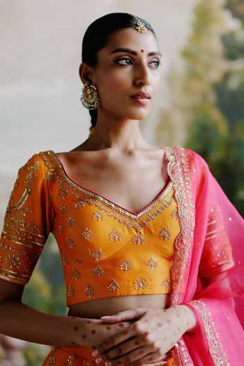 Buy Jigar Mali Orange Chanderi, Organza Embroidery V-neck Floral Aari Lehenga Set Online at Aza Fashions Buy_Jigar Mali_Orange Chanderi, Organza Embroidery V-neck Floral Aari Lehenga Set _Online_at_Aza_Fashions