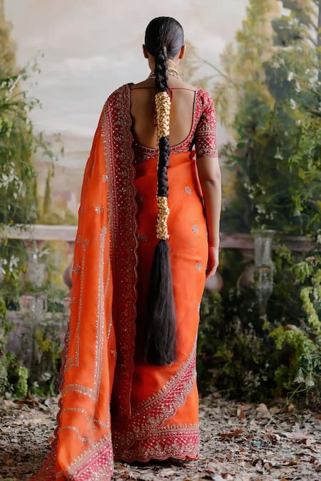 Shop Jigar Mali Orange Organza, Chanderi, Linen Embroidery Round Neck Aari Saree And Blouse Set at Aza Fashions Shop_Jigar Mali_Orange Organza, Chanderi, Linen Embroidery Round Neck Aari Saree And Blouse Set _at_Aza_Fashions