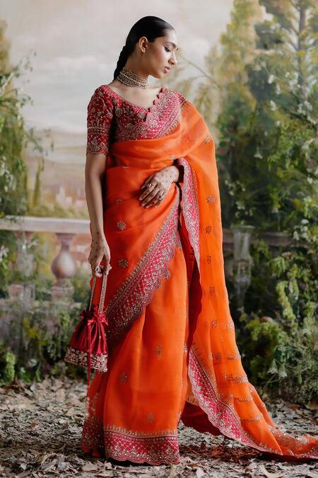 Jigar Mali Orange Organza, Chanderi, Linen Embroidery Round Neck Aari Saree And Blouse Set Online at Aza Fashions Jigar Mali_Orange Organza, Chanderi, Linen Embroidery Round Neck Aari Saree And Blouse Set _Online_at_Aza_Fashions