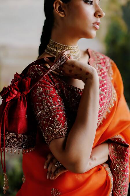 Buy Jigar Mali Orange Organza, Chanderi, Linen Embroidery Round Neck Aari Saree And Blouse Set Online at Aza Fashions Buy_Jigar Mali_Orange Organza, Chanderi, Linen Embroidery Round Neck Aari Saree And Blouse Set _Online_at_Aza_Fashions