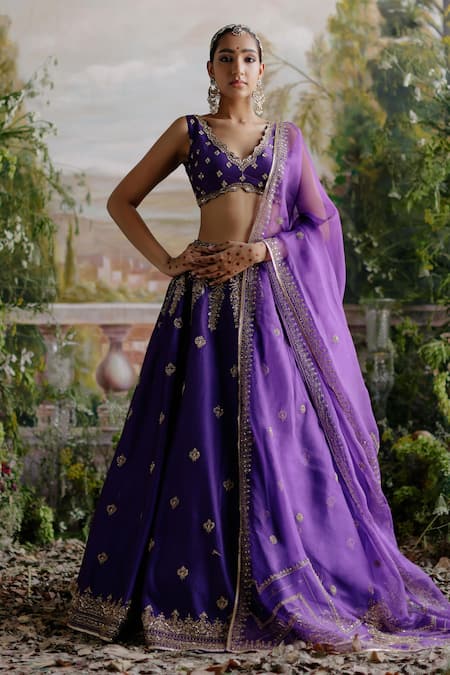 Jigar Mali Purple Chanderi Embroidered Floral V Neck Dori Lehenga Set 