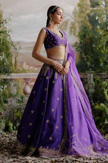 Buy Jigar Mali Purple Chanderi, Organza Embroidery V-neck Floral Dori Lehenga Set Online at Aza Fashions Buy_Jigar Mali_Purple Chanderi, Organza Embroidery V-neck Floral Dori Lehenga Set _Online_at_Aza_Fashions
