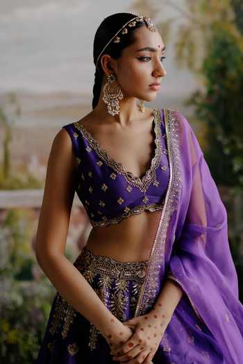 Shop Jigar Mali Purple Chanderi, Organza Embroidery V-neck Floral Dori Lehenga Set Online at Aza Fashions Shop_Jigar Mali_Purple Chanderi, Organza Embroidery V-neck Floral Dori Lehenga Set _Online_at_Aza_Fashions